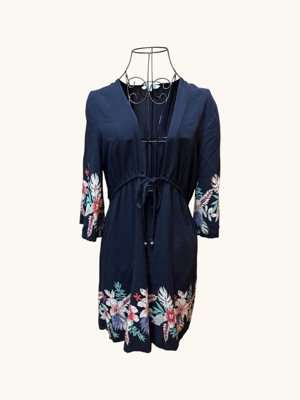 blue island Navy Floral Tie-Waist Swim Coverup with Pink & Green Embroidery
